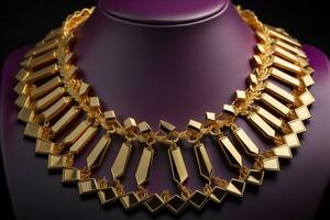 AI generated necklace on a black background in close-up. gold jewelry. generative ai photo