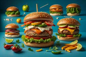 AI generated Big hamburgers with fresh vegetables and cheese on blue background. generative ai photo