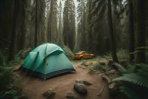 AI generated Camping tent in the forest with car in the background. Adventure travel concept. generative ai photo