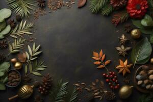 AI generated Christmas decoration on a dark background. Top view with copy space. generative ai photo