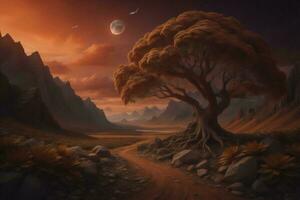 AI generated Fantasy landscape with a lonely tree in the desert. generative ai photo