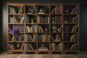 AI generated bookshelves with books and vase. generative ai photo