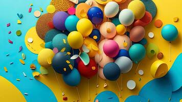 AI generated Colorful balloons with confetti on blue background. generative ai photo