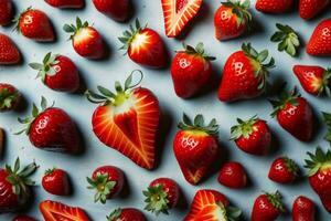 AI generated Strawberries on a blue background, top view, close-up. ai generated photo