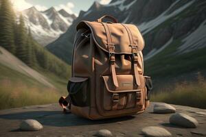 AI generated Brown backpack on the stone in the mountains. generative ai photo
