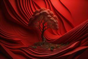 AI generated abstract landscape with tree in red paper cut style. generative ai photo