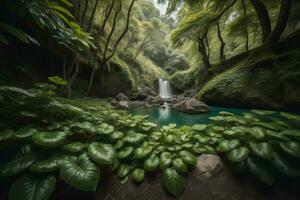 ai generado cascada en el selva, generativo ai foto