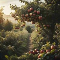 AI generated Apple orchard in the morning light. Ripe red apples on a tree branch. generative ai photo