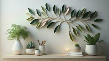 AI generated Wooden shelf with plant decoration. generative ai photo