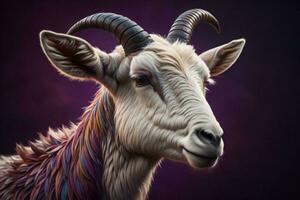 AI generated Portrait of a goat with multicolored feathers on a purple background. generative ai photo