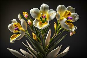 ai generado ramo de flores de blanco lirios en un sólido color antecedentes. ai generativo foto