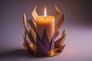 AI generated Burning aroma candle on wooden table against solid color background, copyspace. ai generative photo