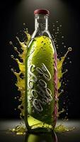 AI generated Bottle of cola with splash on black background. generative ai photo