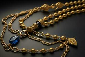 AI generated jewelry necklace with blue gemstone on a black background. generative ai photo
