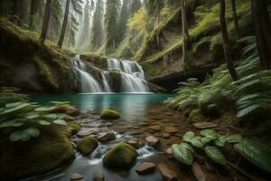 ai generado hermosa cascada en el verde bosque con largo exposición y movimiento difuminar. generativo ai foto