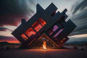 AI generated a futuristic building with a fire in the background. generative ai photo