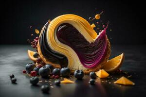 AI generated Cake with orange and blueberry on a black background. Toned. generative ai photo
