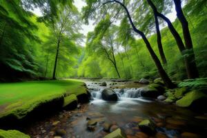 AI generated forest and river in the morning, natural landscape background, long exposure. generative ai photo