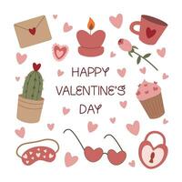 San Valentín día colocar. corazones, taza, cactus, dormir mascarilla, amor letra en un blanco antecedentes. linda fiesta regalos vector