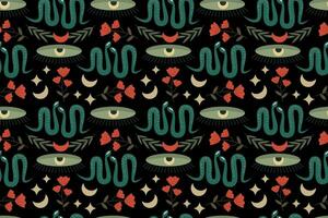 Abstract mystical pattern on a dark background. Eye, snakes, red flowers, moon and stars. Seamless vector pattern