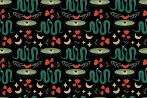 Abstract mystical pattern on a dark background. Eye, snakes, red flowers, moon and stars. Seamless vector pattern