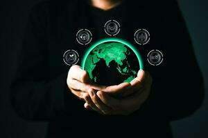 human are raising the planet to save energy,and reduce global warming,idea for environment conscious business,carbon credit,reducing greenhouse gas emissions,ESG for Environment Social and Governance photo
