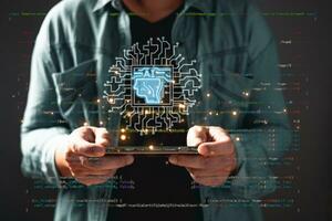 hombre utilizar tableta nube informática sistema diagrama. grande datos almacenamiento.digital artificial inteligencia ai tecnología ruptura concepto. nosotros son implementar almacenamiento tecnología apoyo en el negocio. foto