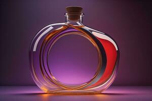 AI generated Empty glass bottle with red and orange liquid on purple background. generative ai photo