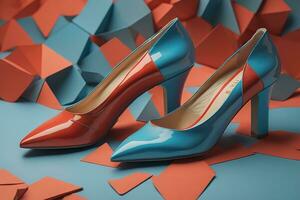 AI generated High heel women shoes on blue background. generative ai photo