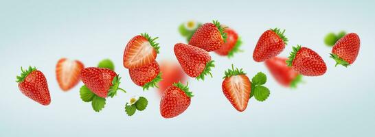 Strawberry isolated on gray background, falling strawberries photo