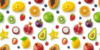 Seamless pattern of different fruits and berries, flat lay, top view photo