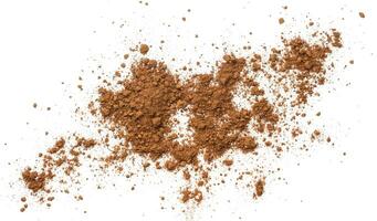 Pile cocoa powder isolated on white background. Top view photo