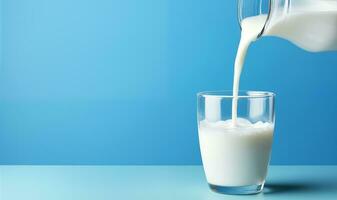 AI Generated Milk pouring into glass on blue background with copy space photo