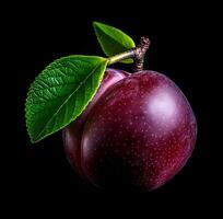 AI Generated Plum with leaf on black background photo