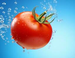 One falling tomato with water splashing over light blue background with copy space, AI generated photo