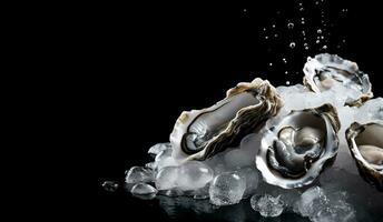 AI Generated Fresh oysters on ice over black background with copy space photo