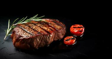 AI Generated Grilled steak on black background with copy space photo