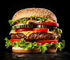 AI Generated Big burger on black background photo