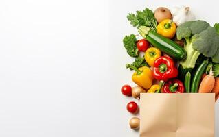 AI Generated Paper bag with fresh vegetables isolated on white background with copy space, top view photo