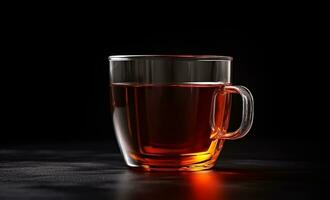 AI Generated Glass teacup on black background with copy space photo