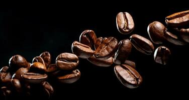 AI Generated Falling coffee beans over black background with copy space photo