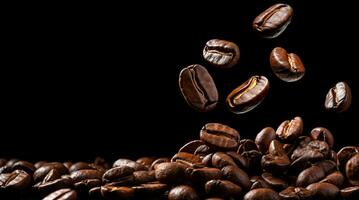 AI Generated Falling coffee beans over black background with copy space photo