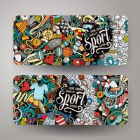 Sports hand drawn doodle banners set. Cartoon detailed flyers. vector