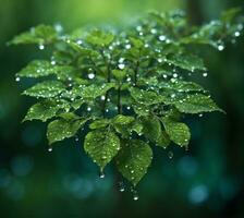 AI generated Water drops on the leaves of a blackberry. Shallow depth of field photo