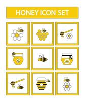 Set of icons on the theme of honey and beekeeping - bees, flowers, beehive, jars of honey, honeycombs in yellow frames. Flat vector illustration in yellow, white and black colors