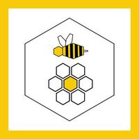 Bee and flower sign icon in honey cell - flat vector geometric illustration with yellow frame. Icon on the theme of honey and beekeeping