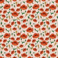 seamless summer floral pattern - light pink background with blooming meadow flowers poppies with buds for packaging, fabric and wallpaper vector