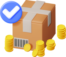 3D Cardboard Box with Gold Coins and Checkmark png