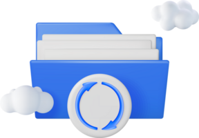 3D Blue Folder in Clouds with File Sync Icon png