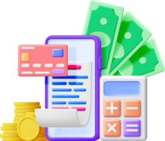 3D Phone with Bill Bank Card, Calculator and Money png